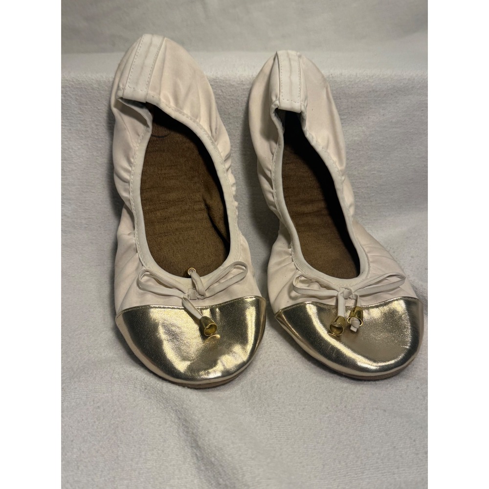 Talaria Flats Cream Gold Cap Toe Ballet Flats Elastic Slip On Shoes Women
